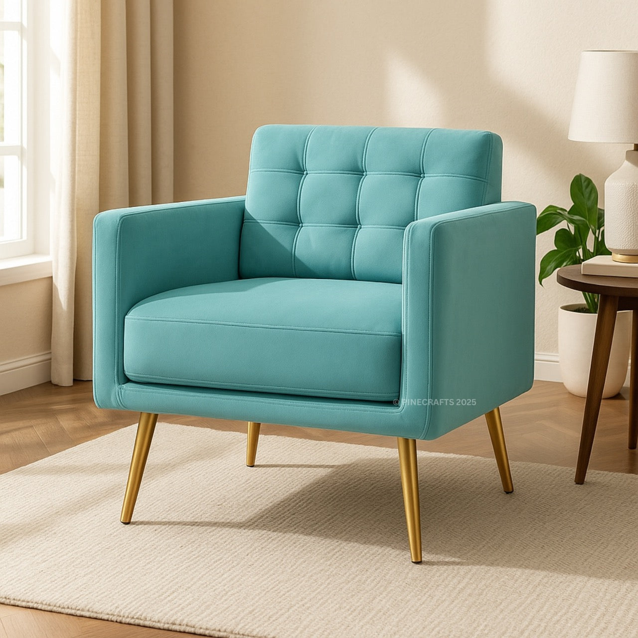 Turquoise armchair with gold legs in a room setting